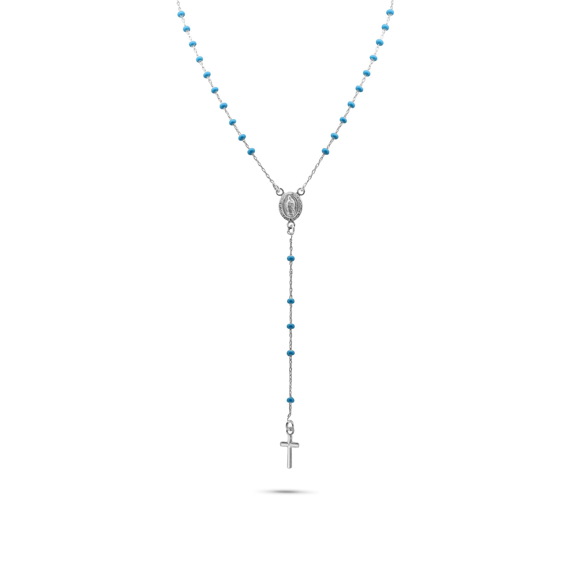 Rhodium Plated 925 Sterling Silver Guadalupe Turquoise Beads Rosary Necklace - GCN00001
