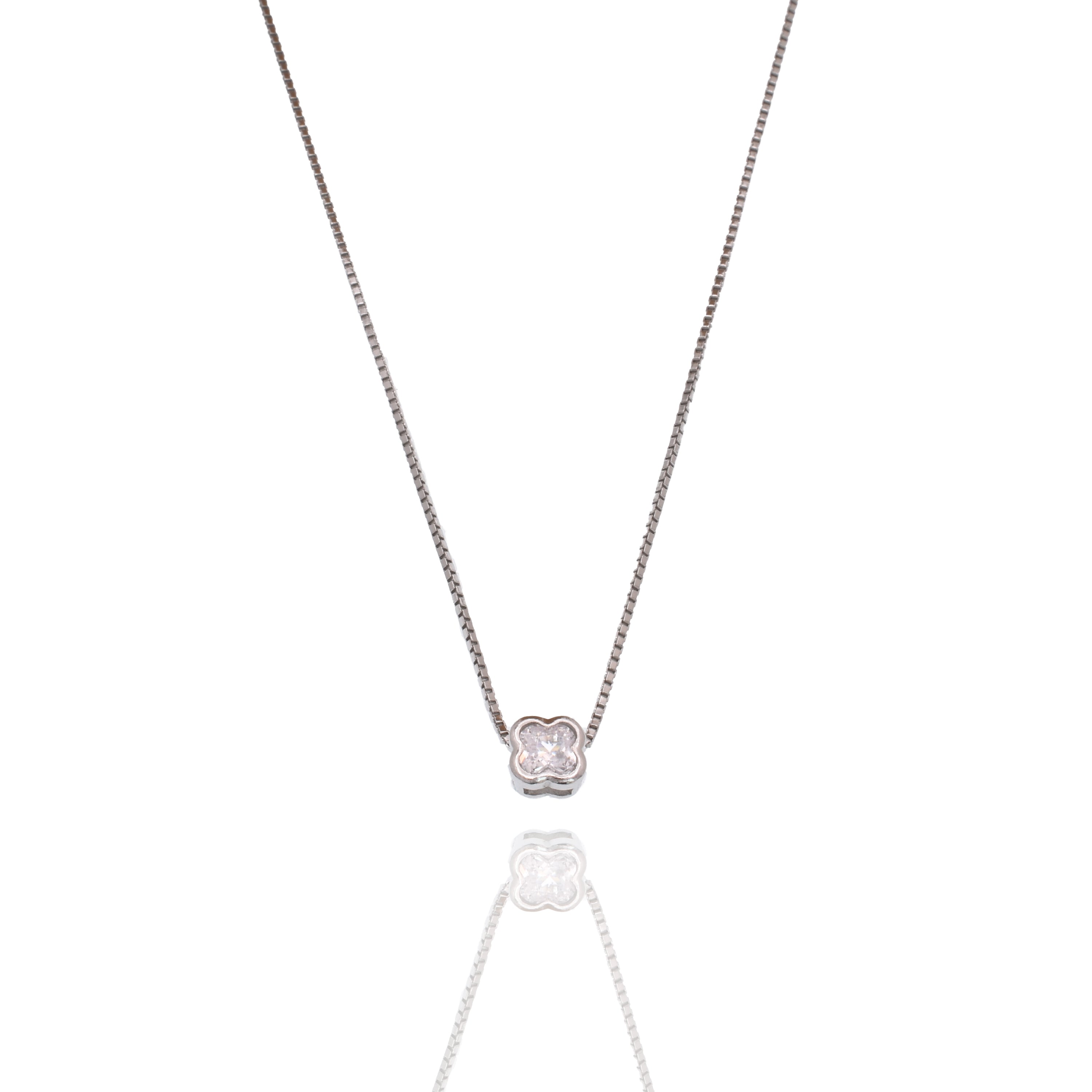 Rhodium Plated 925 Sterling Silver 5.3mm Four Leaf Clover on Adjustable Box Chain Necklace - GCP00007RH