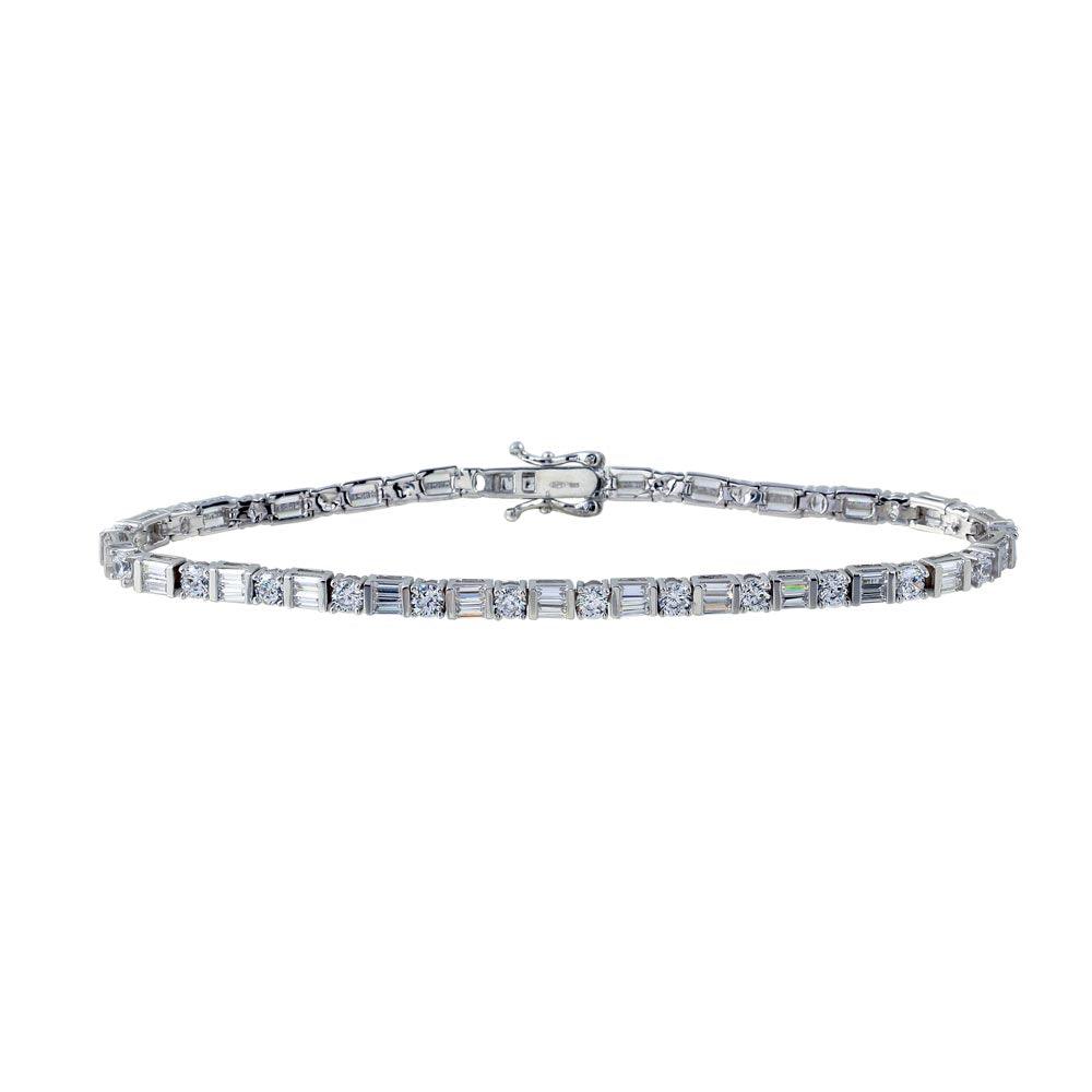 Rhodium Plated 925 Sterling Silver 3.3mm Round and Square CZ Tennis Bracelet - GMB00016RH
