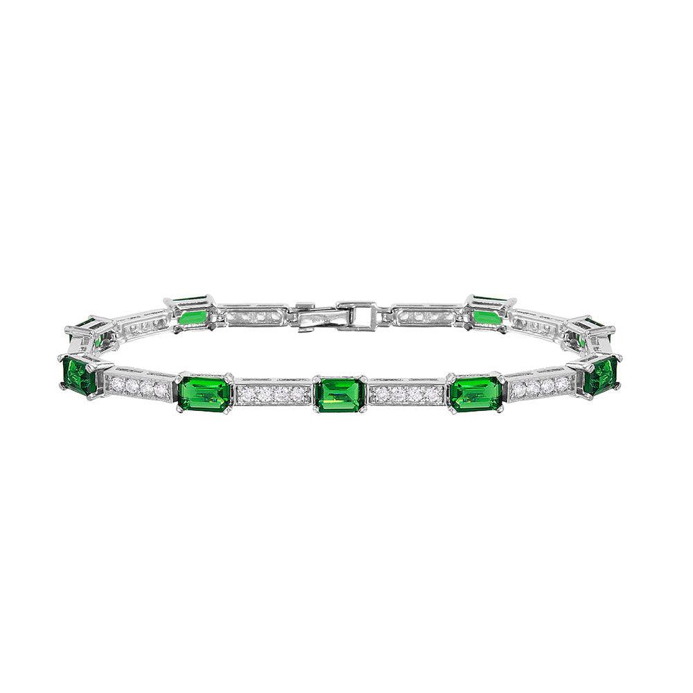 Rhodium Plated 925 Sterling Silver Multi Square Clear and Green CZ Tennis Bracelet - GMB00032RH-GREEN