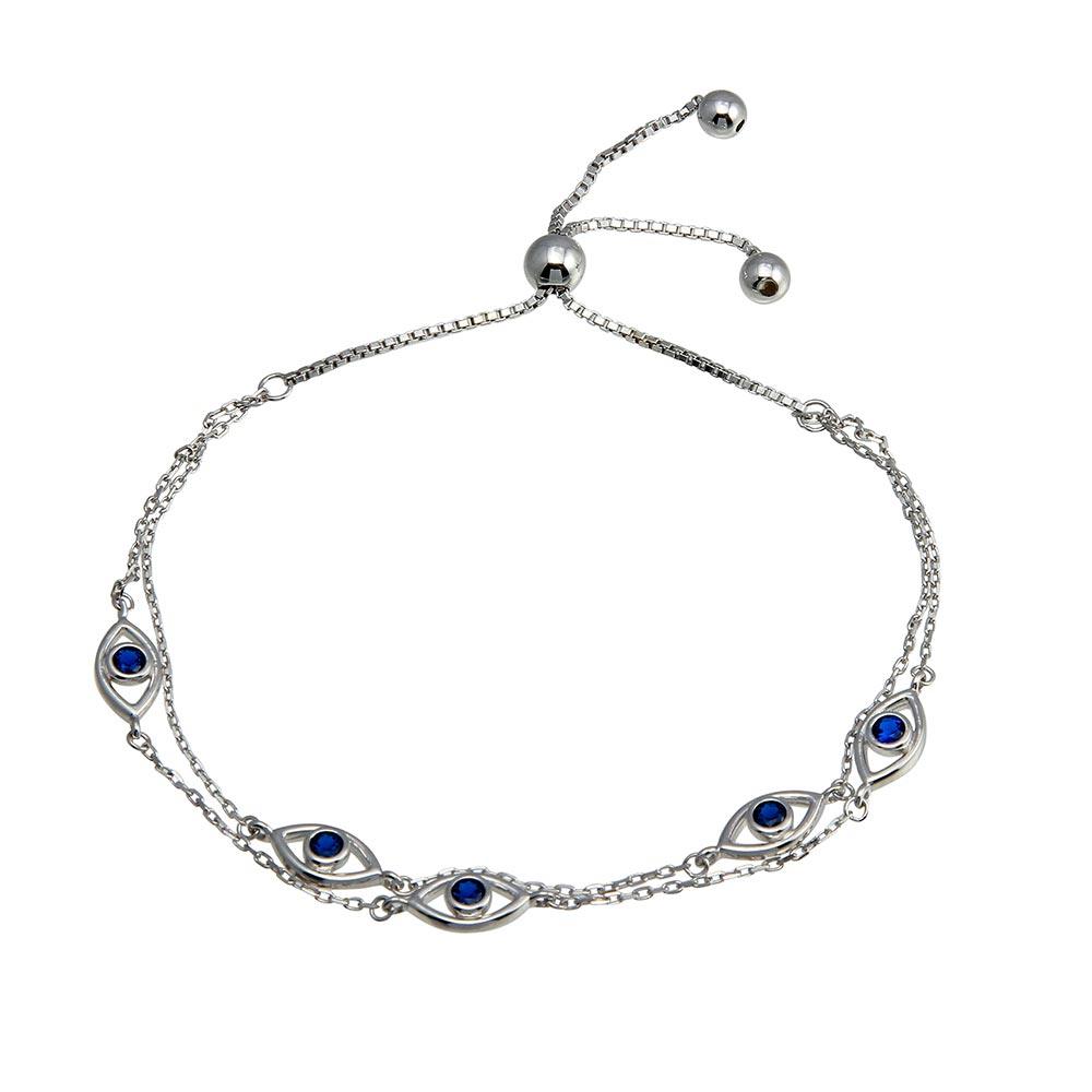 925 Sterling Silver Rhodium Toned Plated Multi Chain Evil Eye Blue CZ Lariat Bracelet - GMB00070
