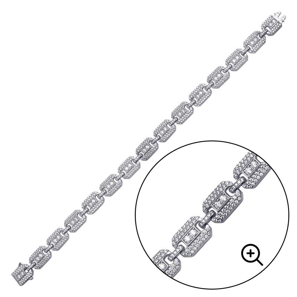 Rhodium Plated 925 Sterling Silver CZ Square Link Bracelet 8.8mm - GMB00081
