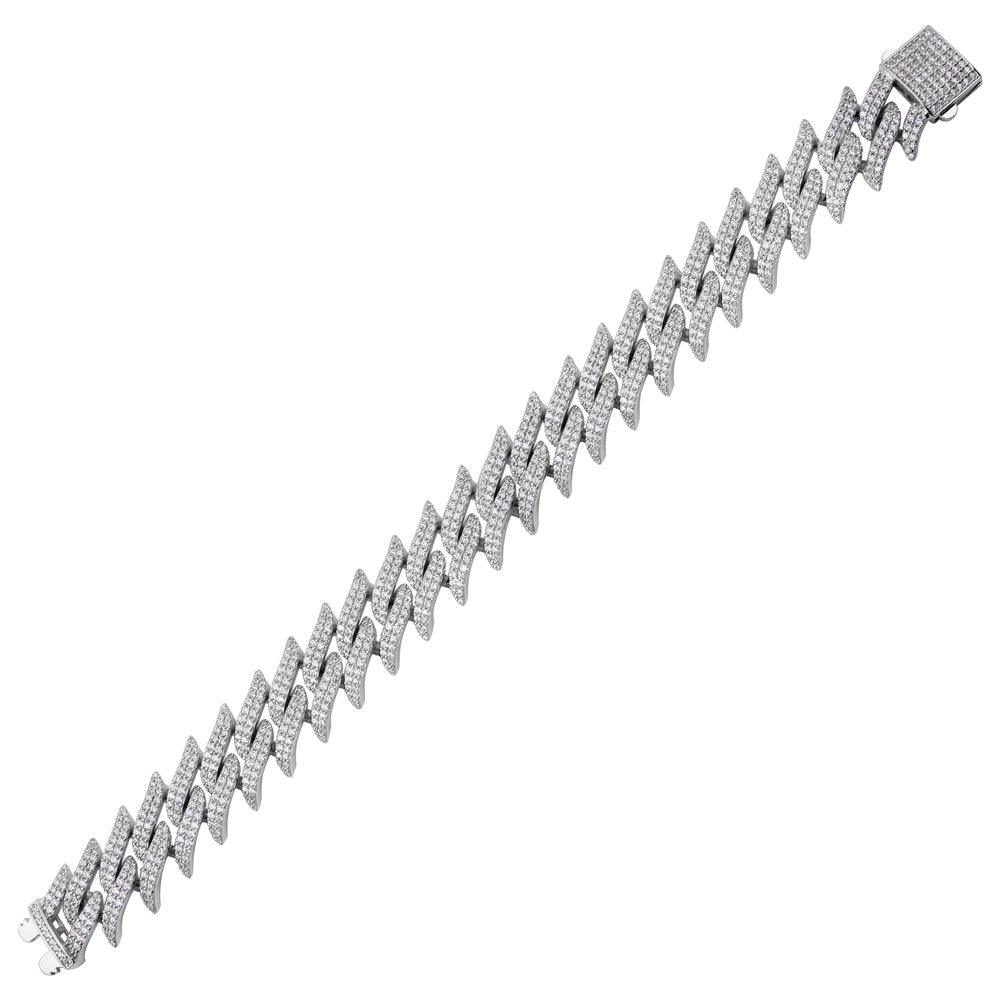 Rhodium Plated 925 Sterling Silver Hollow CZ Encrusted Spike Barbed Wire Bracelet 17.9mm - GMB00099