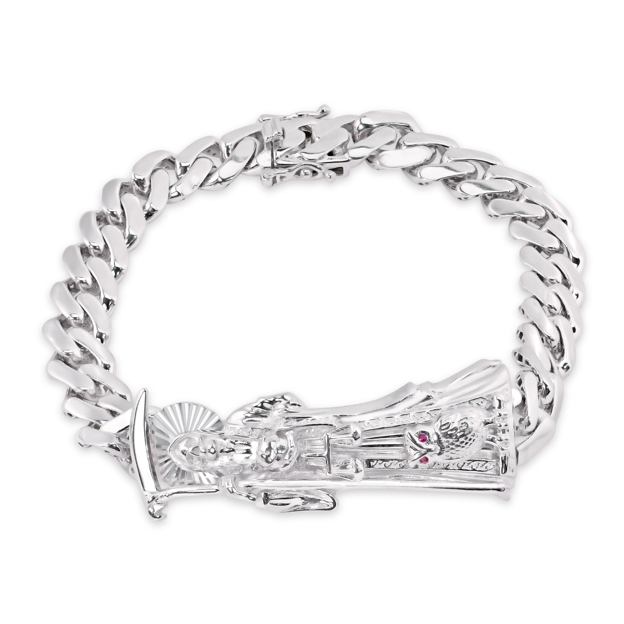 Rhodium Plated 925 Sterling Silver Santa Muerte Angel of Death 9mm Cuban Bracelet - GMB00127
