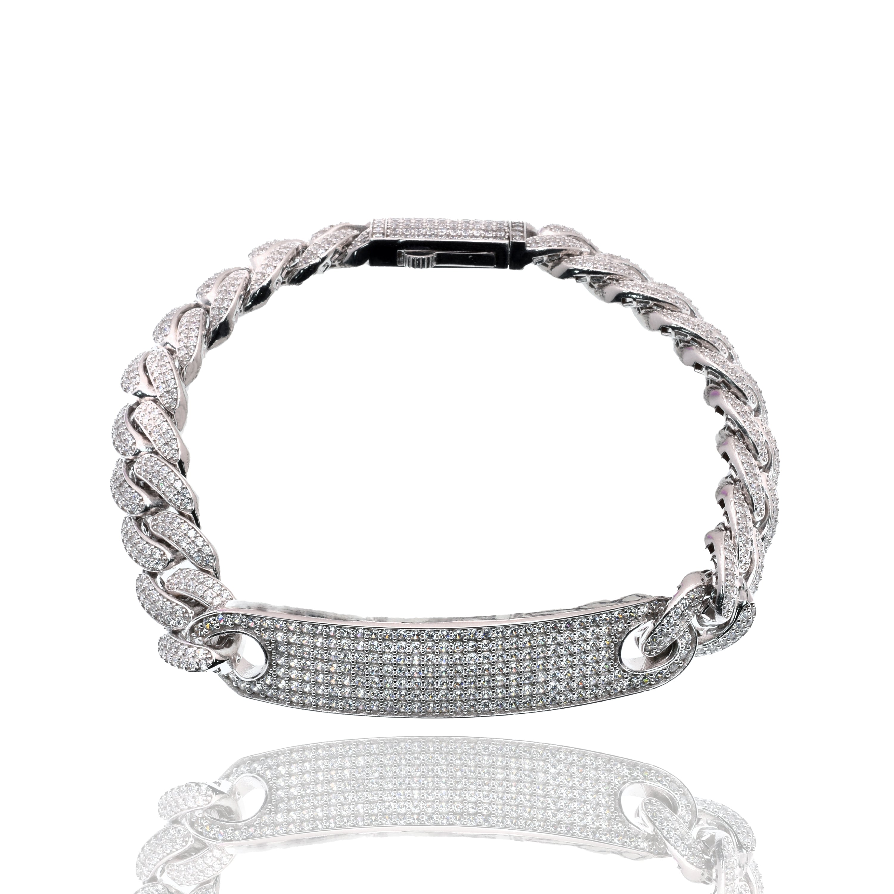 Rhodium Plated 925 Sterling Silver Iced Out Cuban Link ID 10.6mm Bracelet - GMB00145