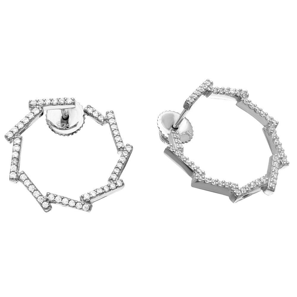 Rhodium Plated 925 Sterling Silver Open Circle CZ Bar Earrings - GME00074RH