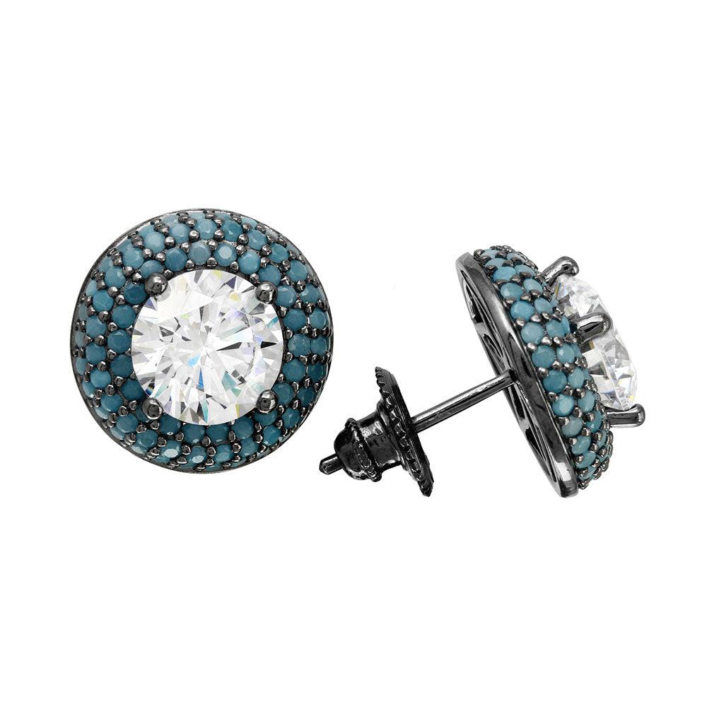 Black Rhodium Plated 925 Sterling Silver Blue CZ Halo Stud Earrings - GME00082BLK