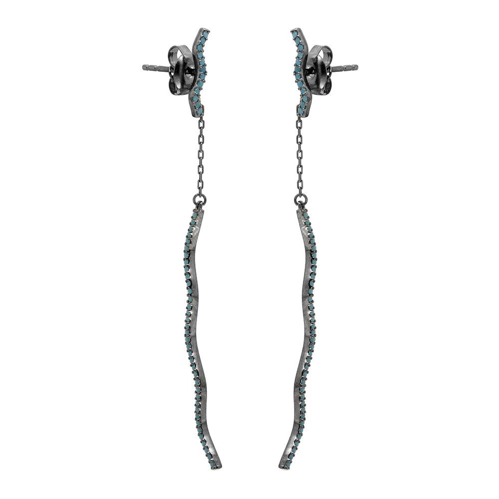 Black Rhodium Plated 925 Sterling Silver Hanging Wavy Turquoise Stones Drop Earrings - GME00083BLK