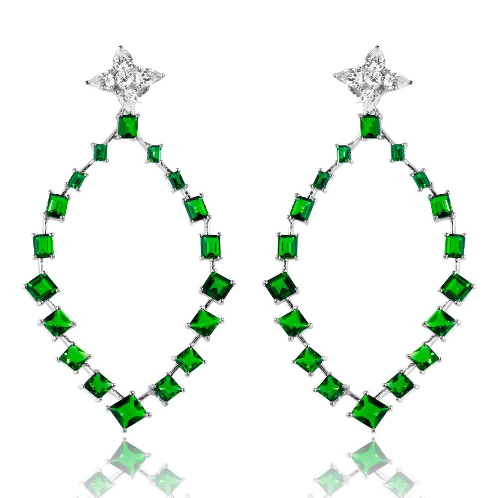 Rhodium Plated 925 Sterling Silver Dangling Teardrop Earrings with CZ - GME00102RH-GREEN