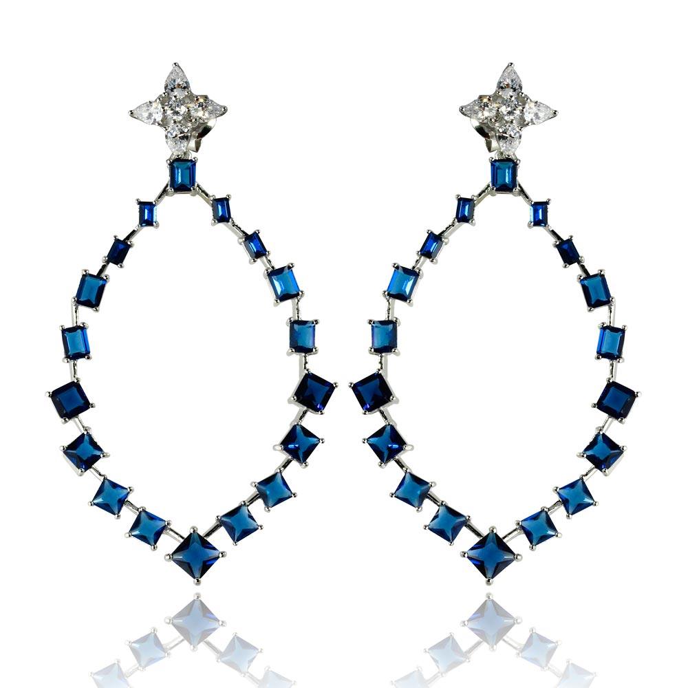 Rhodium Plated 925 Sterling Silver Dangling Teardrop Earrings with CZ - GME00102RH-BLU