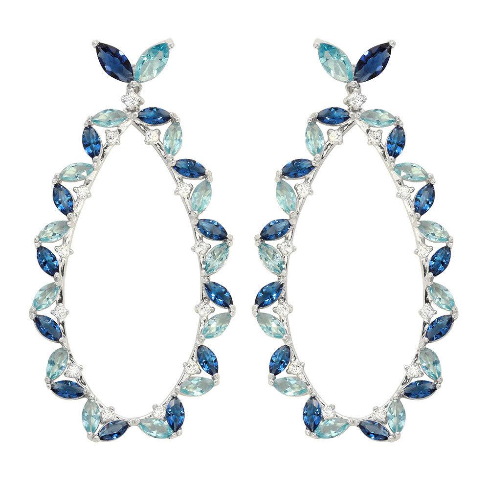 Rhodium Plated 925 Sterling Silver Blue CZ Hanging Oval Earrings - GME00103RH-BLU