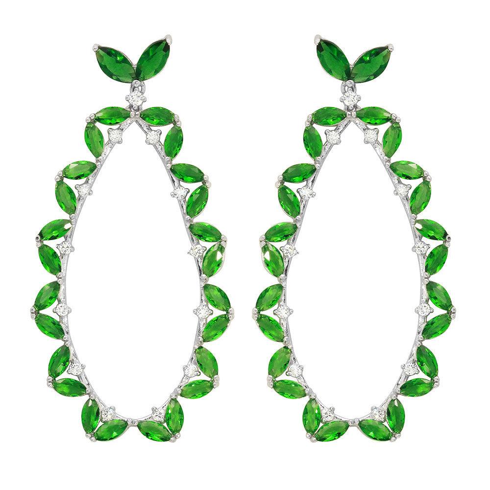 Rhodium Plated 925 Sterling Silver Green CZ Hanging Oval Earrings - GME00103RH-GREEN
