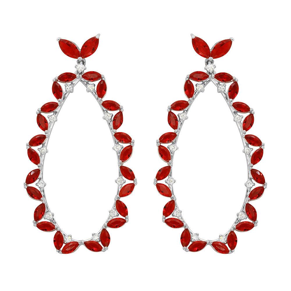 Rhodium Plated 925 Sterling Silver Red CZ Hanging Oval Earrings - GME00103-RED