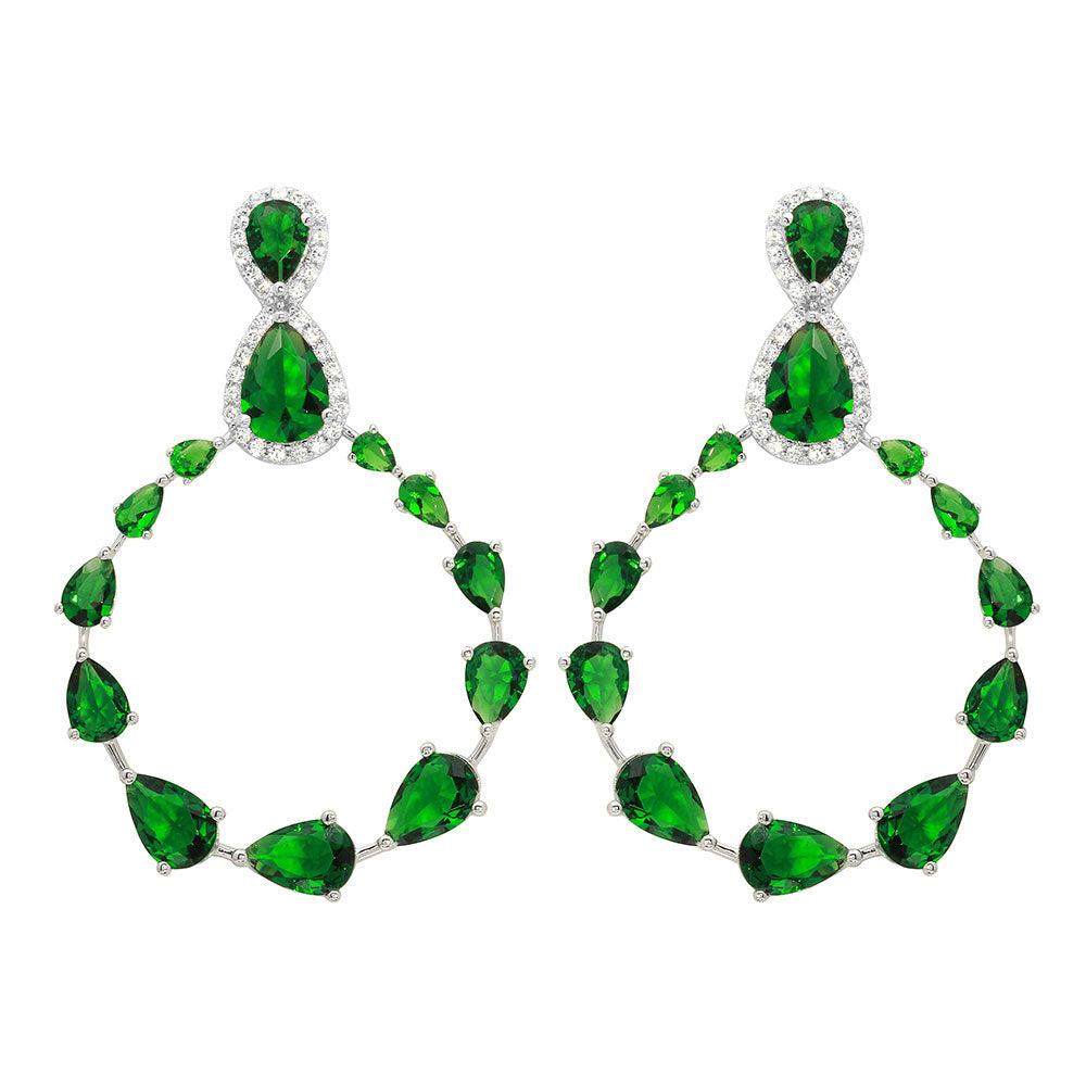 Rhodium Plated 925 Sterling Silver Birthstone and Clear Teardrop with Open Hanging Graduated CZ Earrings - GME00104