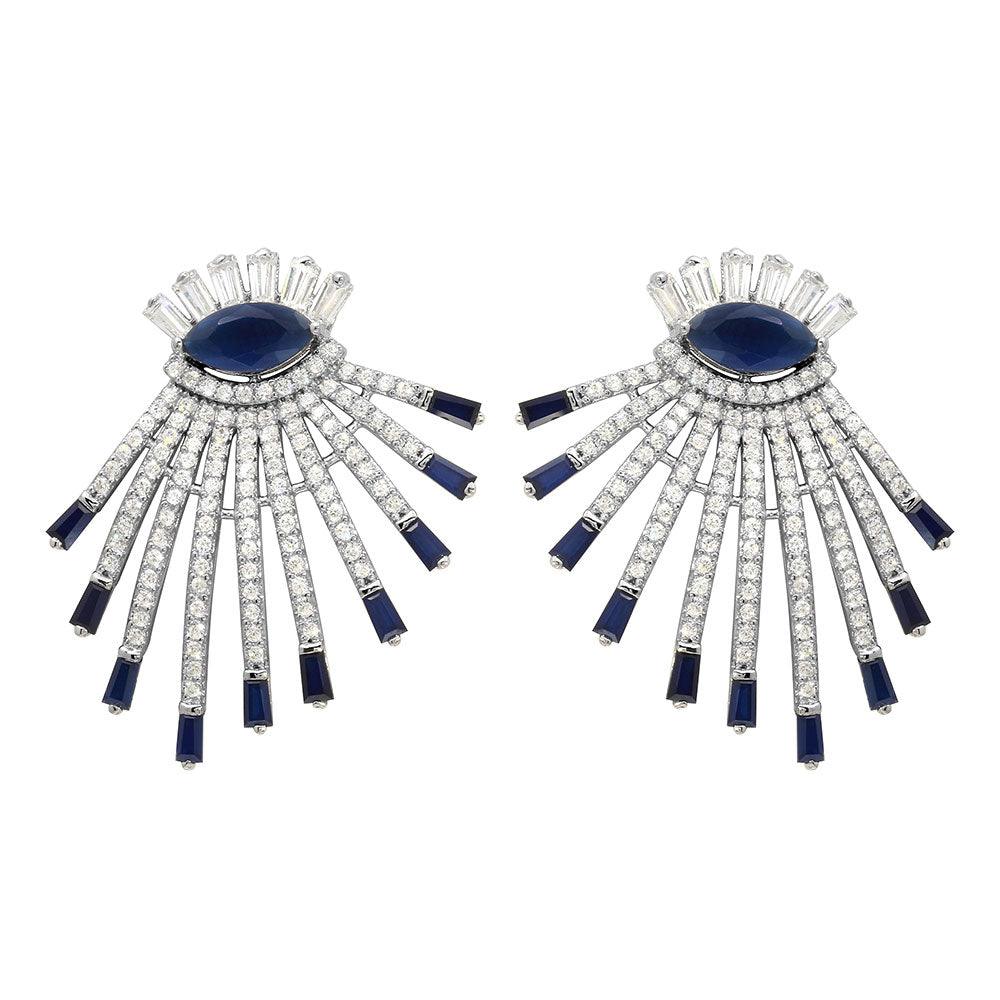Rhodium Plated 925 Sterling Silver Clear and Blue CZ Drop Earrings - GME00105RH-BLU
