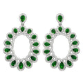 Rhodium Plated 925 Sterling Silver Open Oval Green and Clear CZ Hanging Earrings - GME00106-GREEN