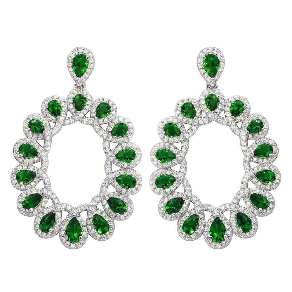 Rhodium Plated 925 Sterling Silver Open Oval Green and Clear CZ Hanging Earrings - GME00106-GREEN