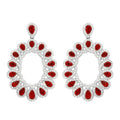 Rhodium Plated 925 Sterling Silver Open Oval Red and Clear CZ Hanging Earrings - GME00106-RED