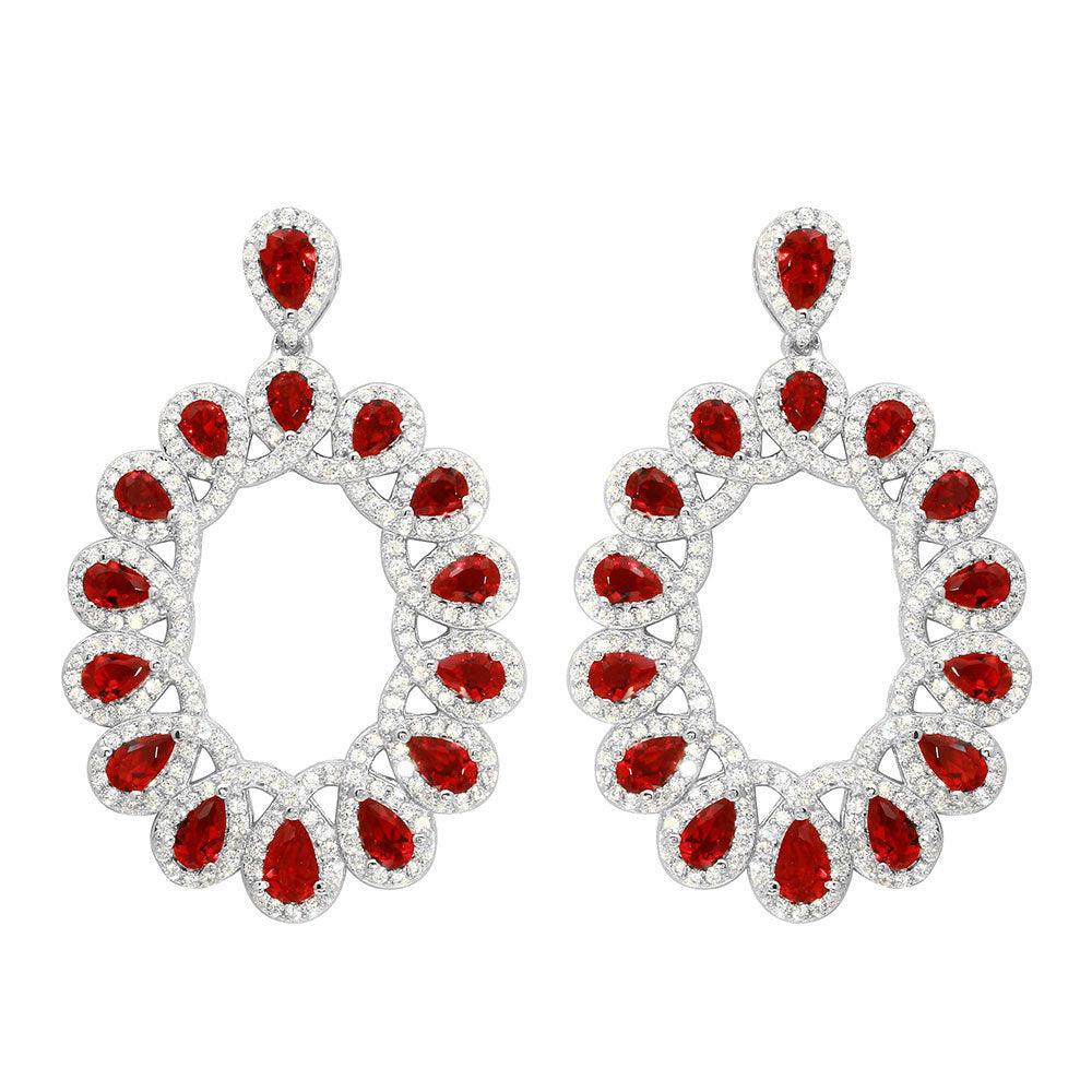 Rhodium Plated 925 Sterling Silver Open Oval Red and Clear CZ Hanging Earrings - GME00106-RED