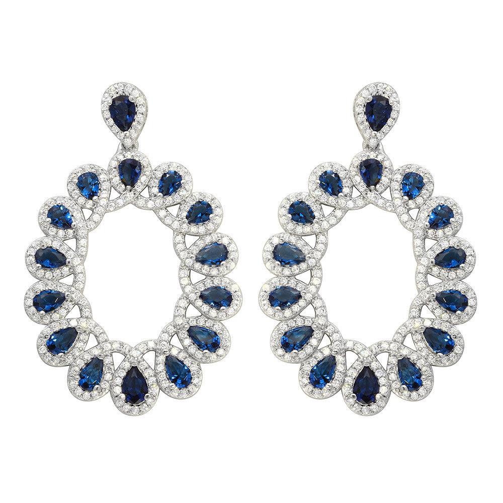 Rhodium Plated 925 Sterling Silver Open Oval Blue and Clear CZ Hanging Earrings - GME00106-BLU