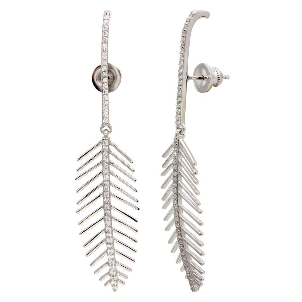 Rhodium Plated 925 Sterling Silver Dangling Leaf Climbing Earrings with CZ - GME00115