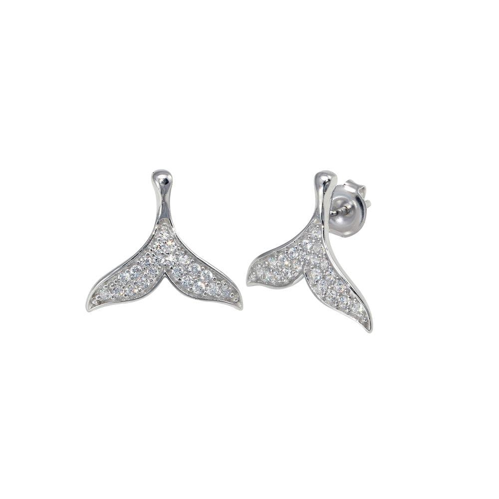 Rhodium Plated 925 Sterling Silver CZ Whale Tail Stud Earring - GME00117