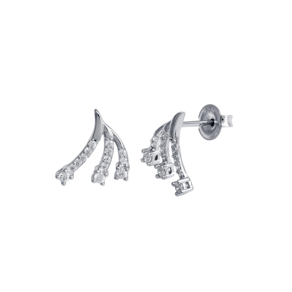 Rhodium Plated 925 Sterling Silver 3 Wave CZ Stud Earring - GME00120
