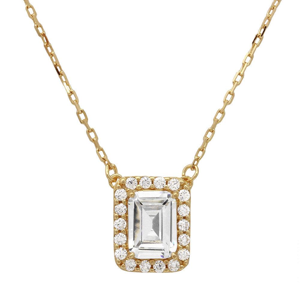 Gold Plated 925 Sterling Silver Square Halo CZ Pendant with Adjustable Chain - GMN00023GP