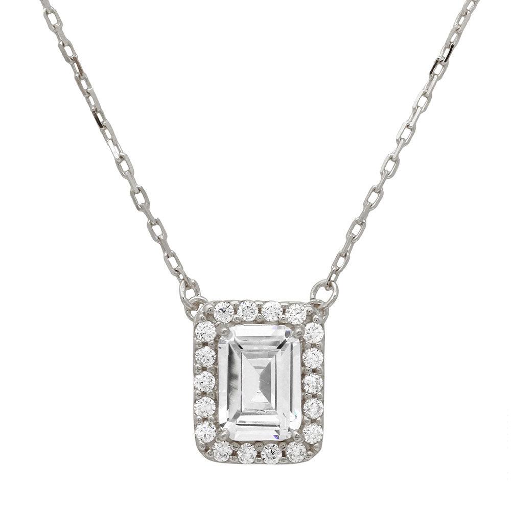 Rhodium Plated 925 Sterling Silver Square Halo CZ Pendant with Adjustable Chain - GMN00023
