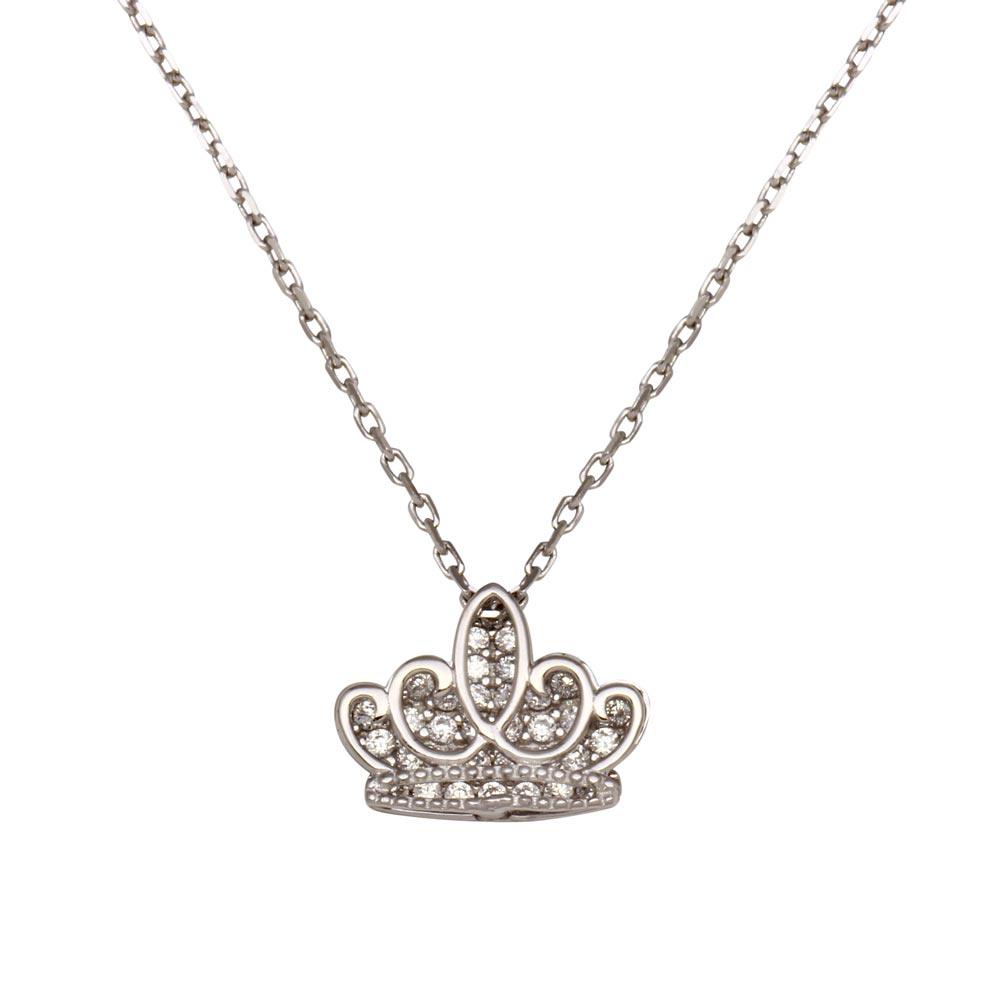 Rhodium Plated 925 Sterling Silver Clear CZ Crown Necklace - GMN00036APR