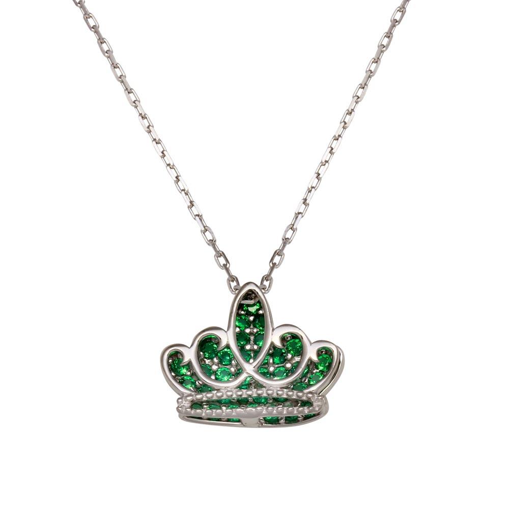 Rhodium Plated 925 Sterling Silver Green CZ Crown Necklace - GMN00036MAY