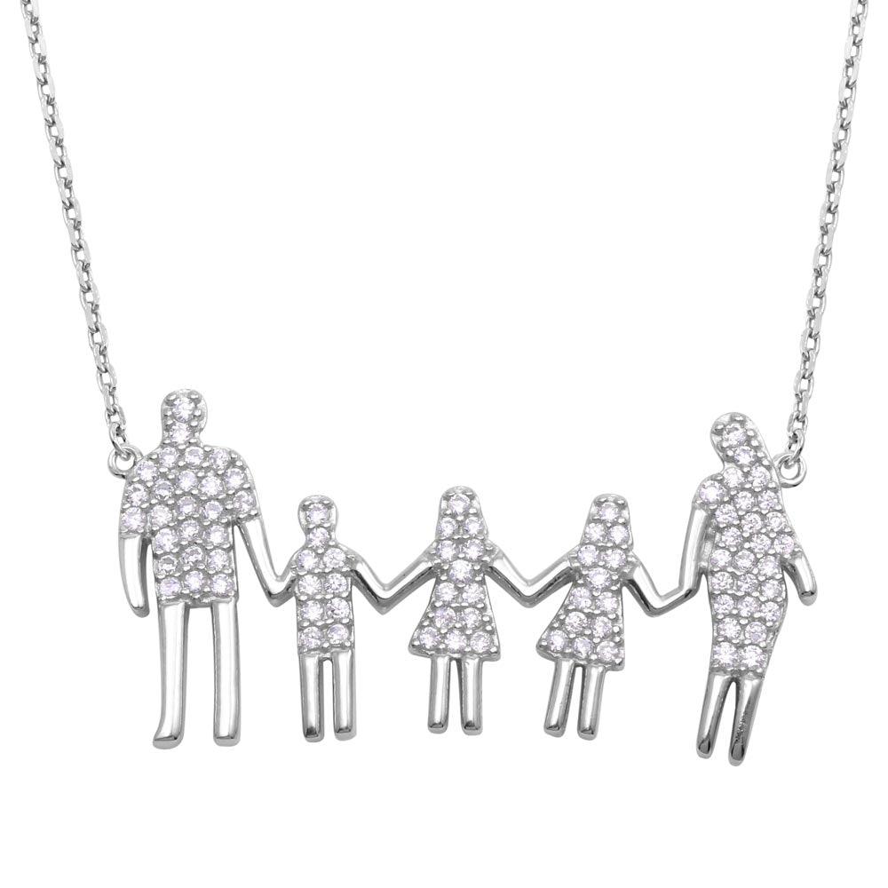 Rhodium Plated 925 Sterling Silver Mom, Dad, 2 Daughters and Son Family Necklace with CZ - GMN00064