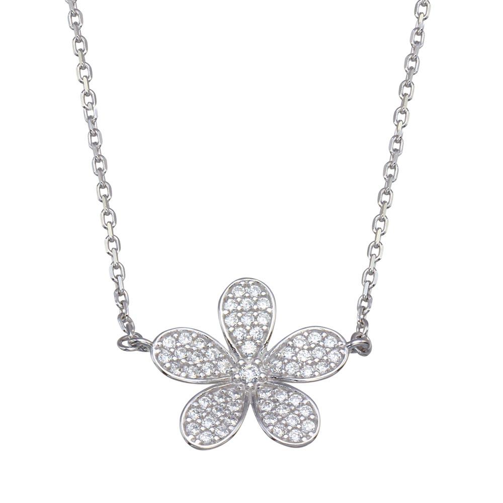 Rhodium Plated 925 Sterling Silver CZ Flower Necklace - GMN00098