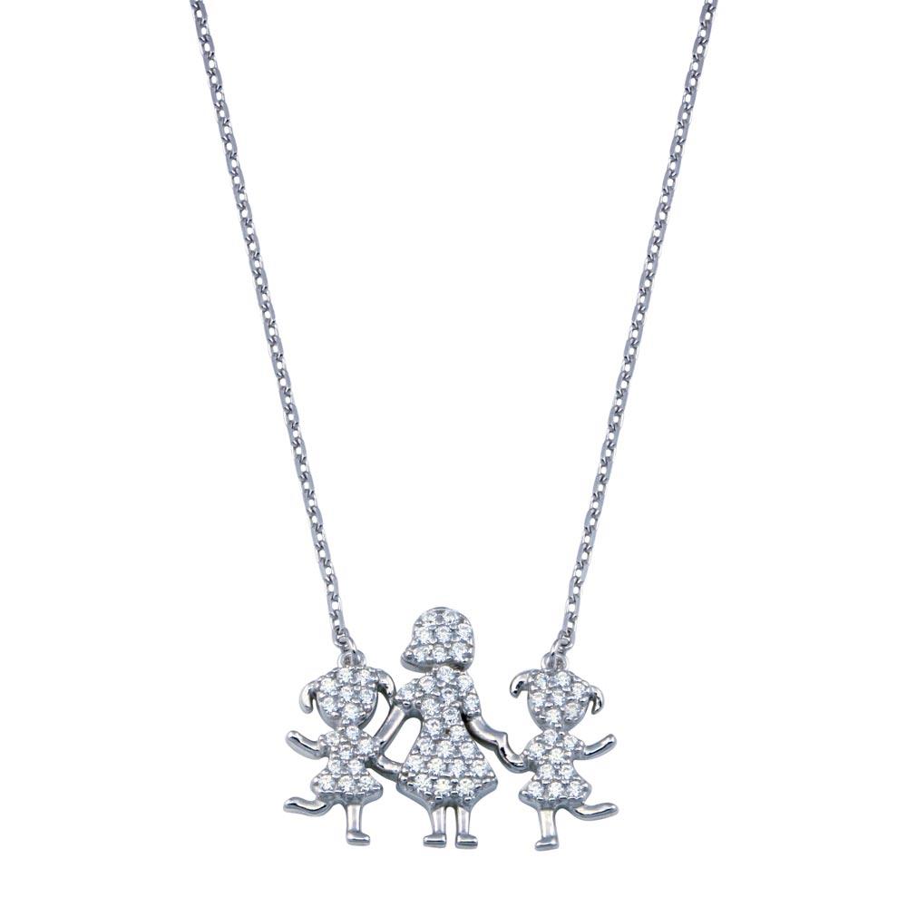 Rhodium Plated 925 Sterling Silver CZ Mother and Daughters Clear CZ Necklace - GMN00109