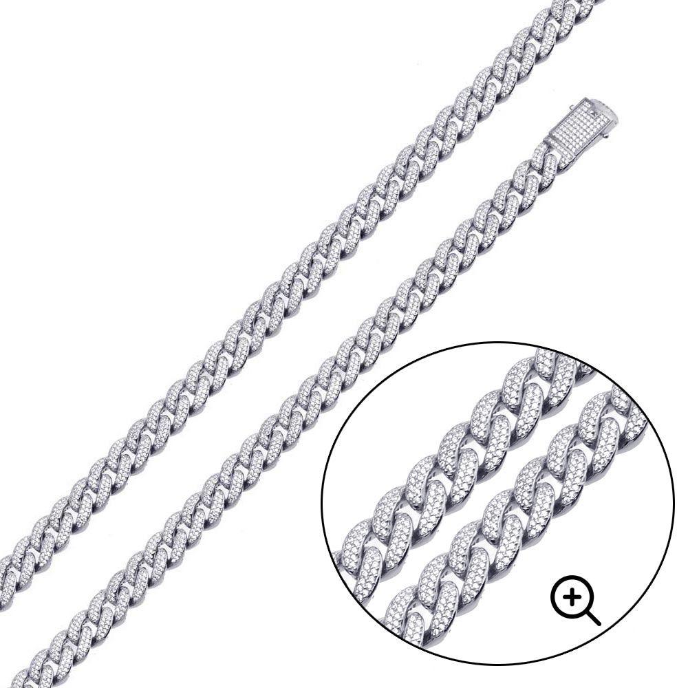 Rhodium Plated 925 Sterling Silver 9.5mm Miami Curb CZ Chain or Bracelet - GMN00176 | GMB00089