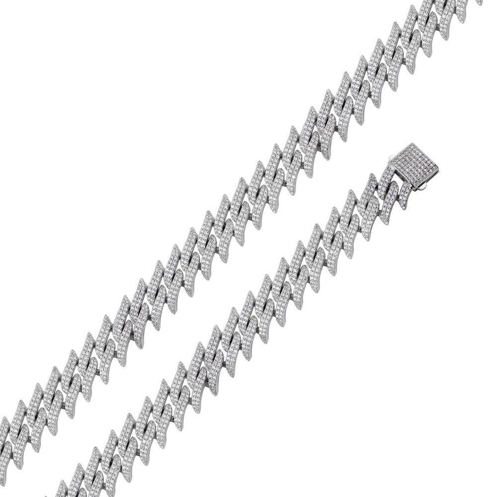 Rhodium Plated 925 Sterling Silver CZ Encrusted Spike Barbed Wire 10mm Chain or Bracelet - GMN00238