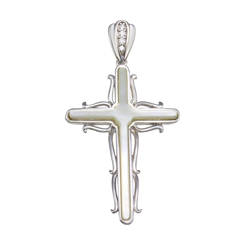 Rhodium Plated 925 Sterling Silver Mother of Pearl CZ Cross Wave Side Pendant - GMP00028