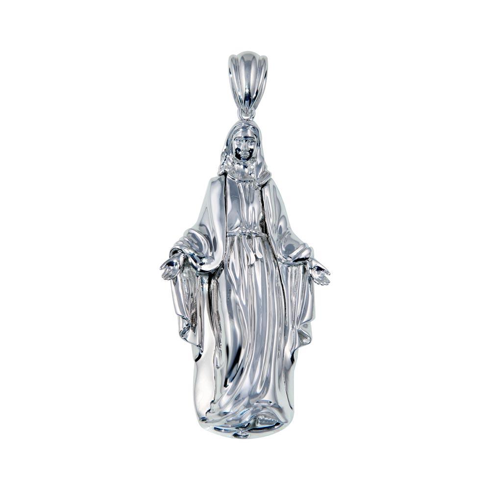 Rhodium Plated 925 Sterling Silver Hollow Mother Mary Pendant 73mm - GMP00087