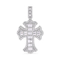 Rhodium Plated 925 Sterling Silver 32.1mm Fleur De Lis Cross Baguette Cut Clear CZ Pendant - GMP00170
