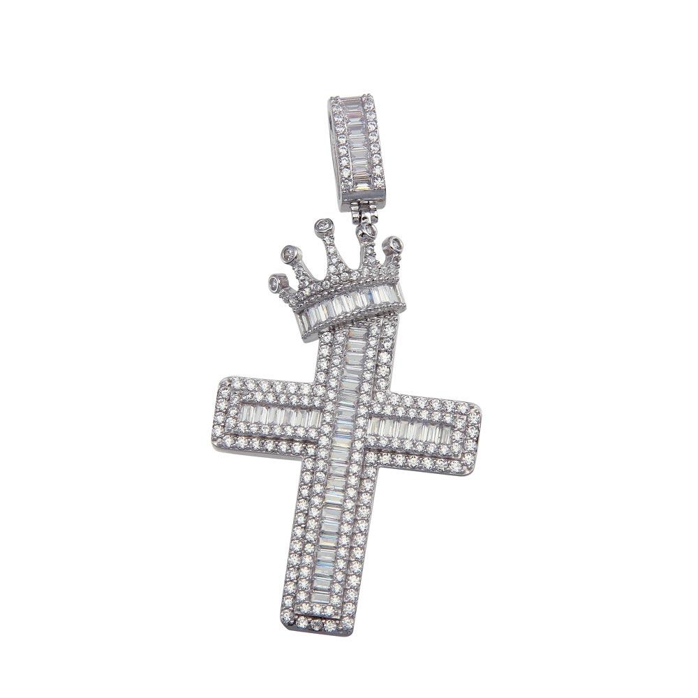 925 Sterling Silver Crowned Cross CZ Hip Hop Pendant - GMP00078