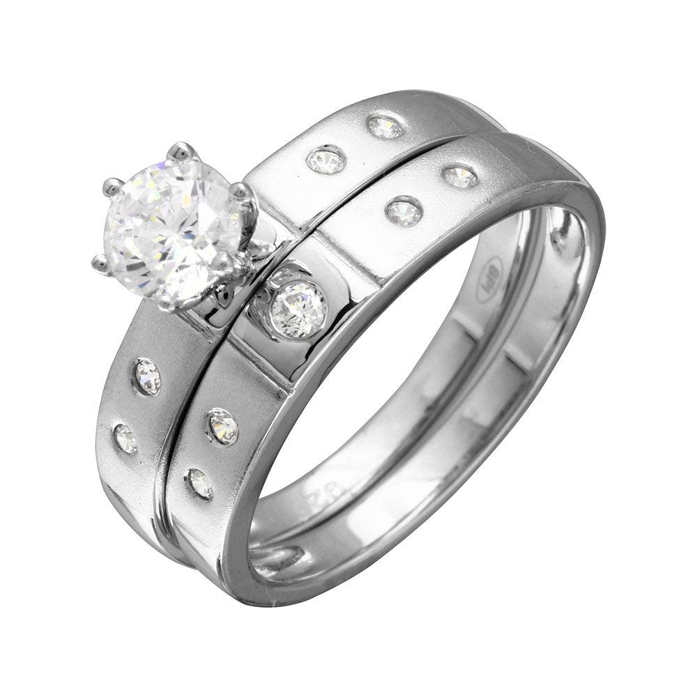 Half Matte Finish Rhodium Plated 925 Sterling Silver CZ Trio Bridal Ring - GMR00142
