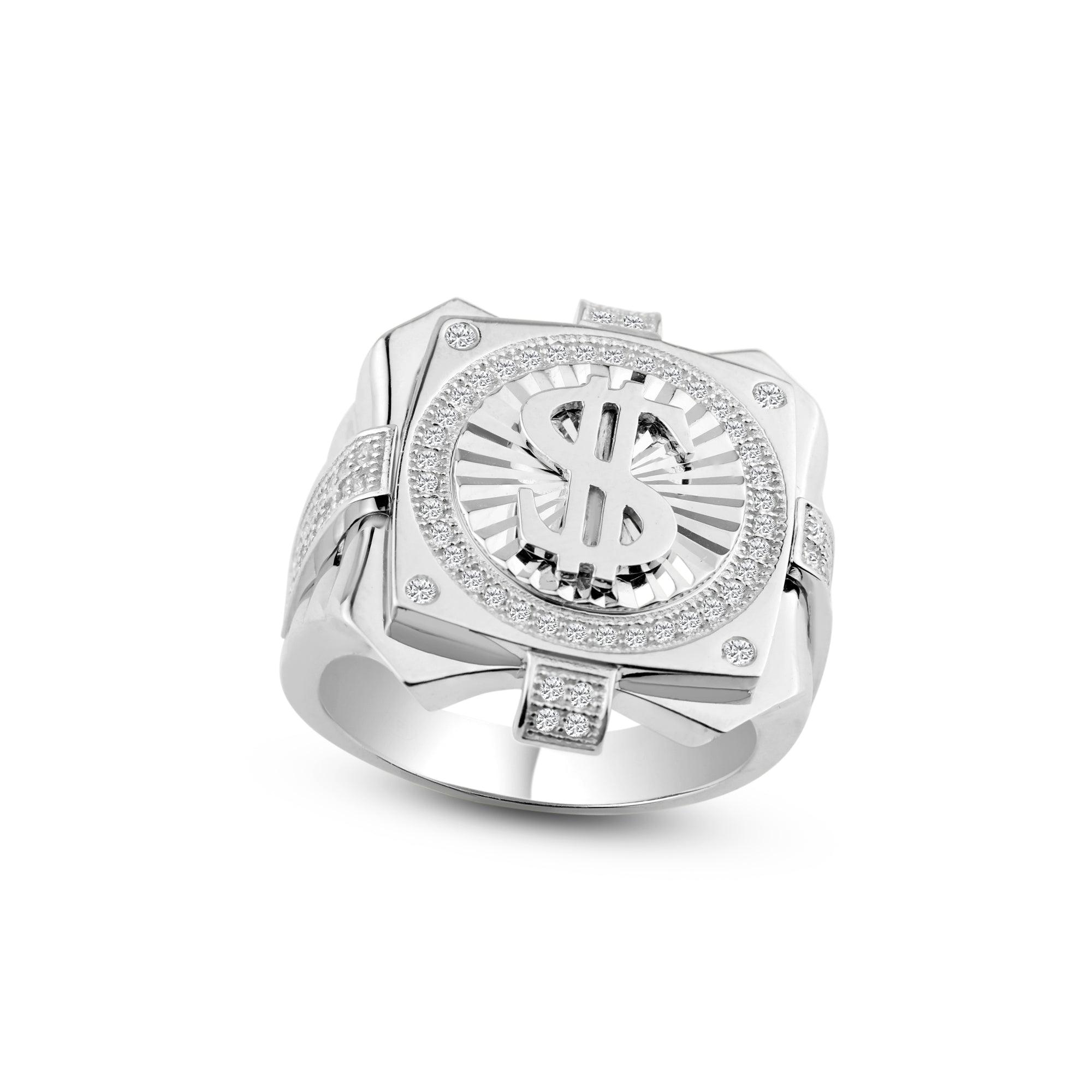 Rhodium Plated 925 Sterling Silver Men's Dollar Sign Ring - GMR00244RH