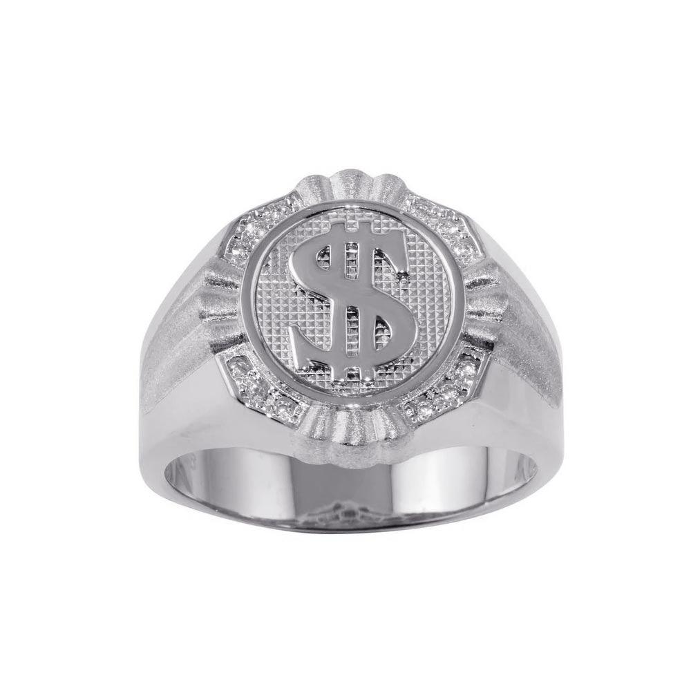 Rhodium Plated 925 Sterling Silver Dollar Sign Ring with CZ - GMR00246RH