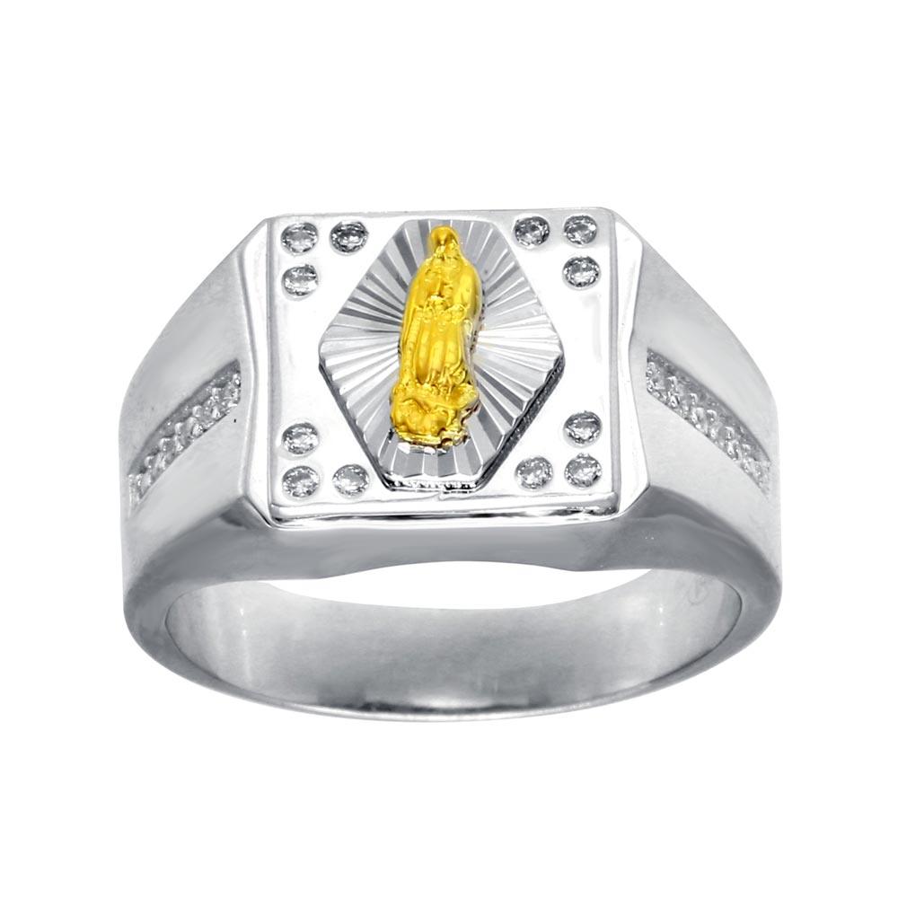 Rhodium Plated 925 Sterling Silver Men's CZ Guadalupe Ring - GMR00274RG