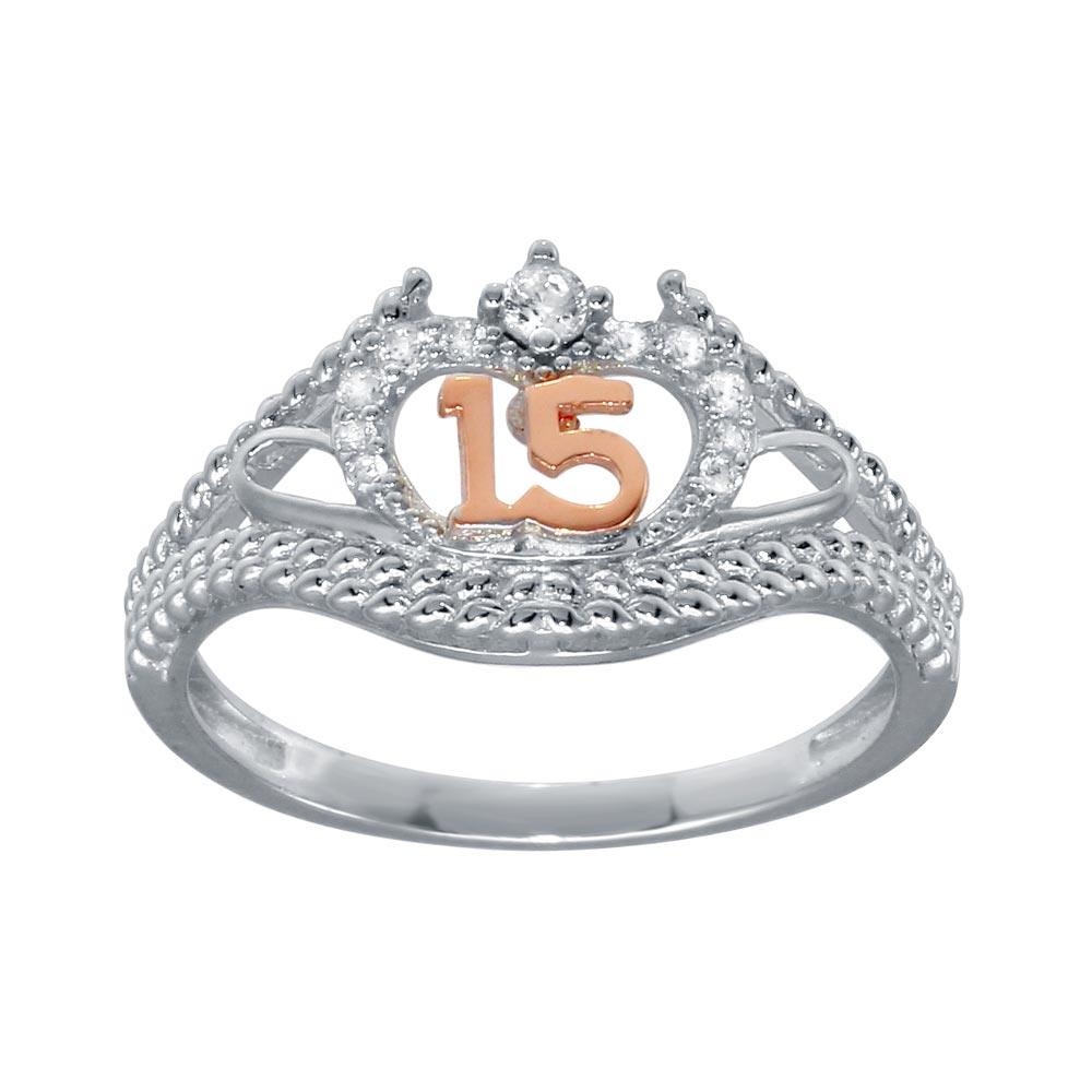 Rhodium Plated 925 Sterling Silver CZ Quinceanera Flower 2 Toned CZ Ring - GMR00302RHR | GMR00430RG