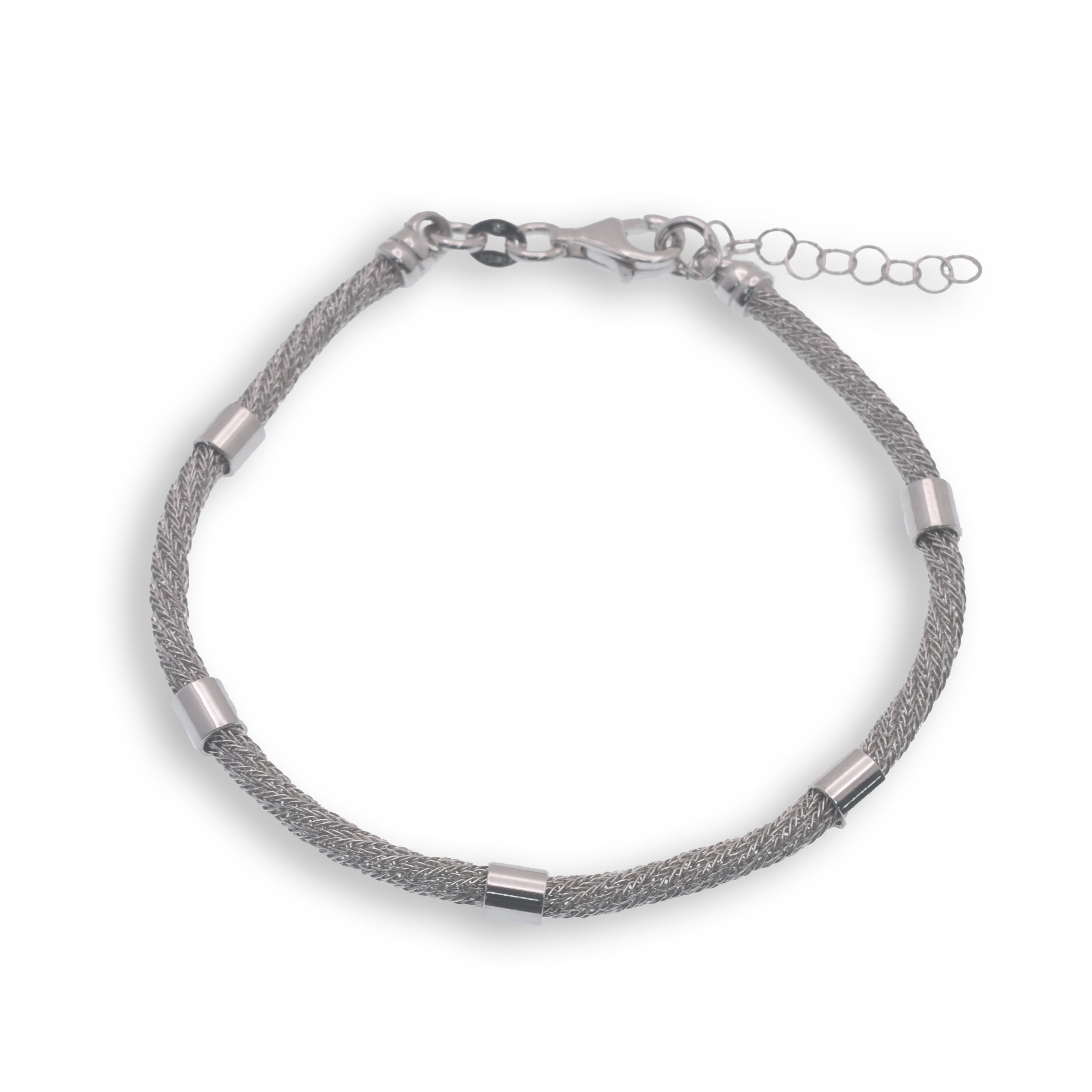 Rhodium Plated Italian Braided Mesh With Tube Accent Bracelet- GTB00013RH