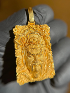 Solid gold God of War Guan Gong Face Rectangular Pendant, carved portrait with crown and beard