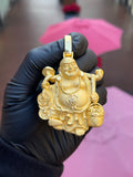 Solid gold Happy Buddha pendant, Budai mid-laugh carrying coins and an ingot basket with a fu plaque on the belly
