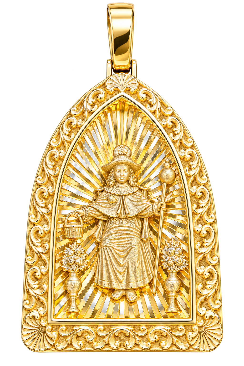 Solid gold Holy Infant of Atocha Arched Filigree Pendant, pierced arch frame over a diamond-cut ray burst