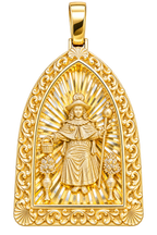 Solid gold Holy Infant of Atocha Arched Filigree Pendant, pierced arch frame over a diamond-cut ray burst